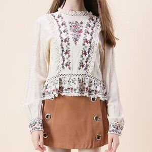 ZARA Chic Floral Boho Style Embroidered Long Sleeve Top